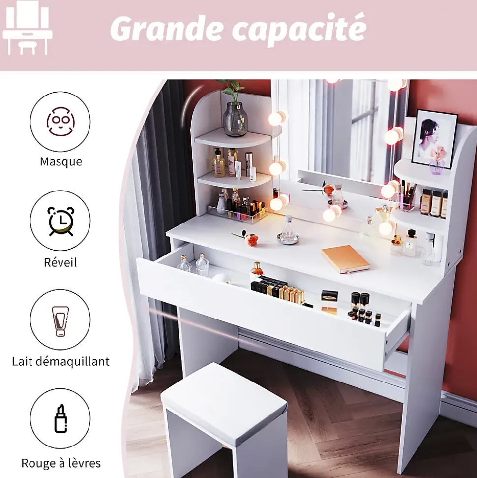 Coiffeuse avec Miroir LED et Tabouret SIRHONA 108 x 40 x 140 cm avec Tiroir et 4 étagères Blanc