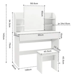 Coiffeuse avec Miroir LED et Tabouret SIRHONA 108 x 40 x 140 cm avec Tiroir et 4 étagères Blanc