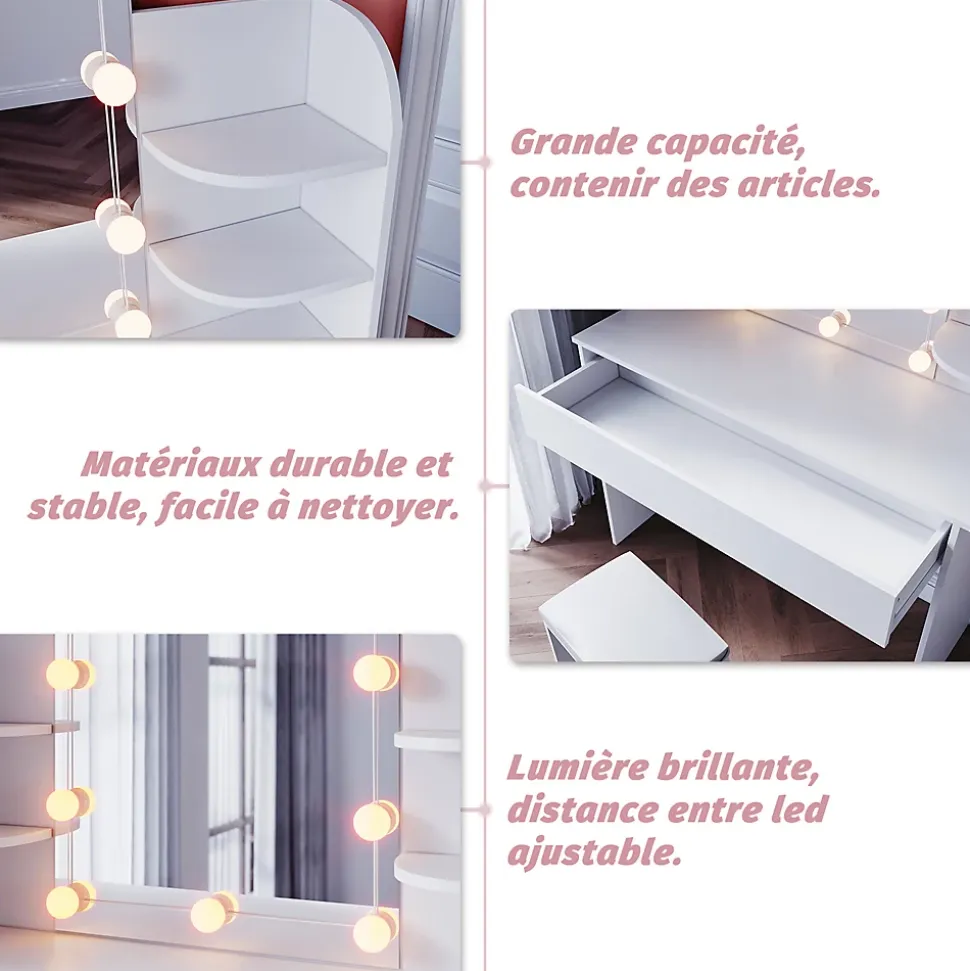 Coiffeuse avec Miroir LED et Tabouret SIRHONA 108 x 40 x 140 cm avec Tiroir et 4 étagères Blanc