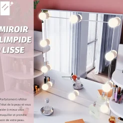Coiffeuse avec Miroir LED et Tabouret SIRHONA 108 x 40 x 140 cm avec Tiroir et 4 étagères Blanc