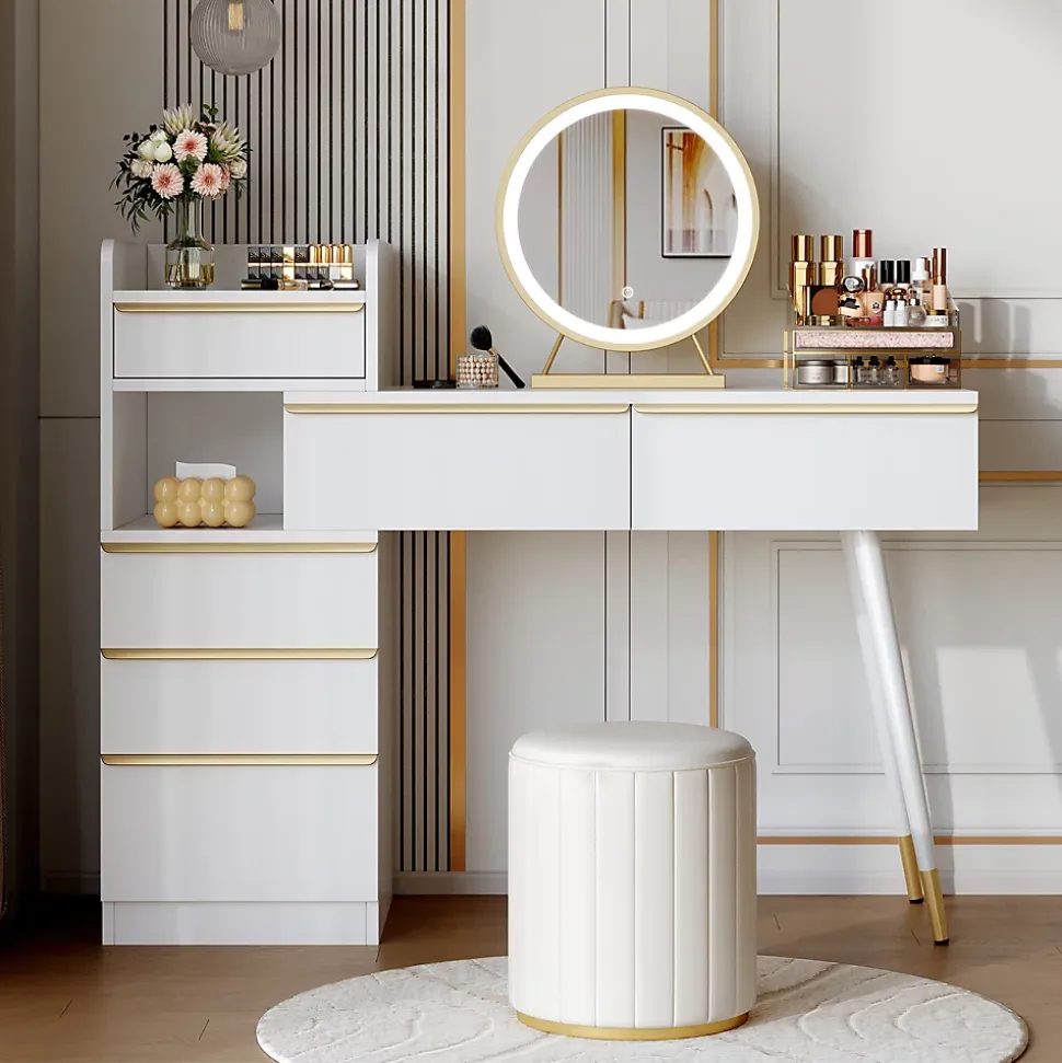 Coiffeuse avec Miroir LED - Table de Maquillage Moderne avec 3 Tiroirs et Rangement Fermé - Sans Tabouret - Blanc - 100x40x124 cm