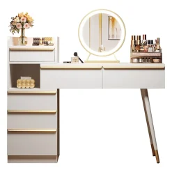 Coiffeuse avec Miroir LED - Table de Maquillage Moderne avec 3 Tiroirs et Rangement Fermé - Sans Tabouret - Blanc - 100x40x124 cm
