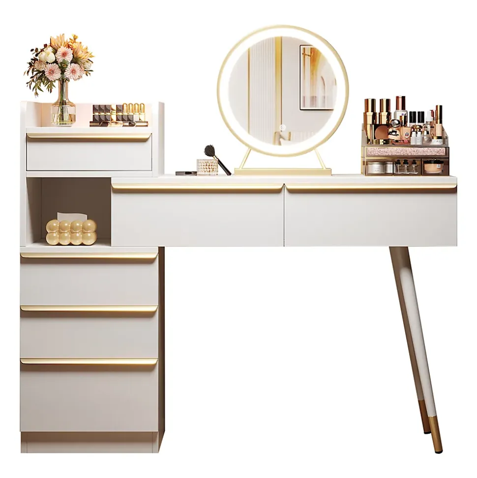 Coiffeuse avec Miroir LED - Table de Maquillage Moderne avec 3 Tiroirs et Rangement Fermé - Sans Tabouret - Blanc - 100x40x124 cm