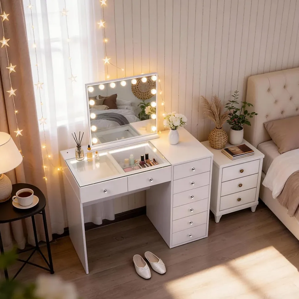Coiffeuse Avec Miroir LED 8 Tiroirs Blanc 120x 55 cm