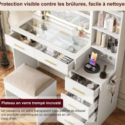 Coiffeuse avec miroir LED 3 couleurs, plateau en verre trempé, prises USB & Type-C, support sèche-cheveux, tabouret inclus