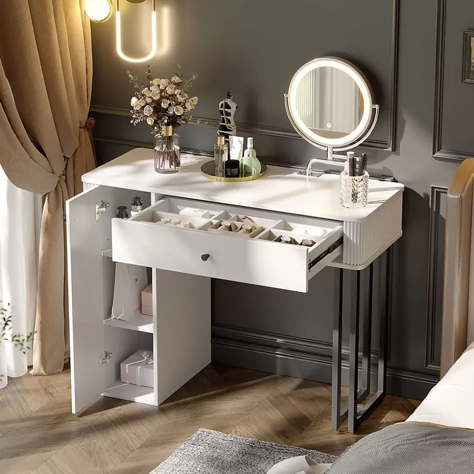 Coiffeuse avec Miroir LED 3 Tons, Tiroir à 9 Cases et 3 Niveaux de Rangement 100x116x40 cm Blanc