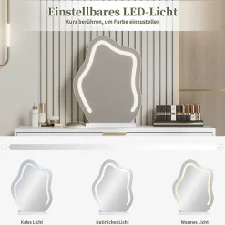 Coiffeuse avec Miroir LED Extensible - Table de Maquillage Moderne avec 2 Tiroirs - Meuble Gain de Place - Sans Tabouret - Blanc