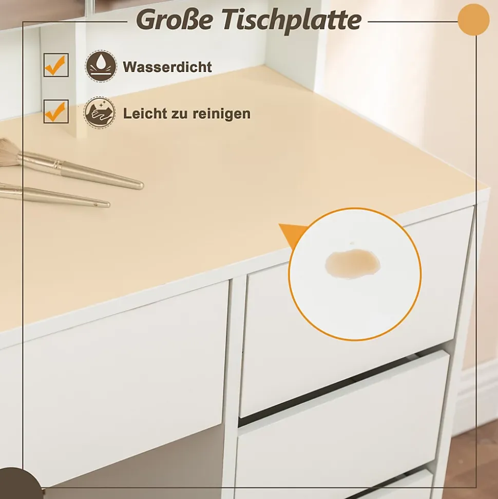 Coiffeuse avec Miroir LED 3 couleurs, Grand format, 5 Tiroirs et Rangement intégré Derrière le Miroir 110CM Blanc