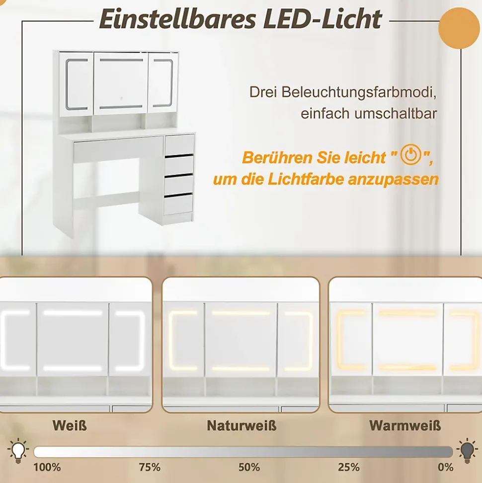 Coiffeuse avec Miroir LED 3 couleurs, Grand format, 5 Tiroirs et Rangement intégré Derrière le Miroir 110CM Blanc