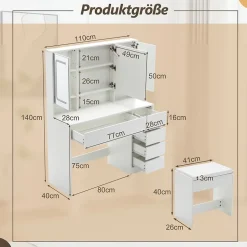 Coiffeuse avec Miroir LED 3 couleurs, Grand format, 5 Tiroirs et Rangement intégré Derrière le Miroir 110CM Blanc