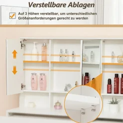 Coiffeuse avec Miroir LED 3 couleurs, Grand format, 5 Tiroirs et Rangement intégré Derrière le Miroir 110CM Blanc