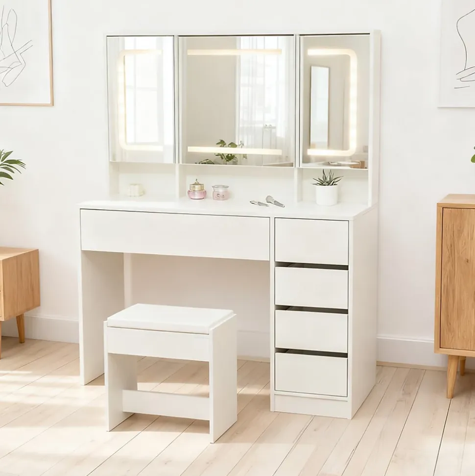 Coiffeuse avec Miroir LED 3 couleurs, Grand format, 5 Tiroirs et Rangement intégré Derrière le Miroir 110CM Blanc