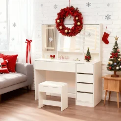 Coiffeuse avec Miroir LED 3 couleurs, Grand format, 5 Tiroirs et Rangement intégré Derrière le Miroir 110CM Blanc
