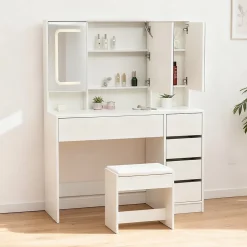 Coiffeuse avec Miroir LED 3 couleurs, Grand format, 5 Tiroirs et Rangement intégré Derrière le Miroir 110CM Blanc