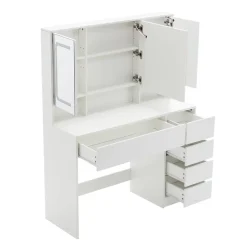 Coiffeuse avec Miroir LED 3 couleurs, Grand format, 5 Tiroirs et Rangement intégré Derrière le Miroir 110CM Blanc