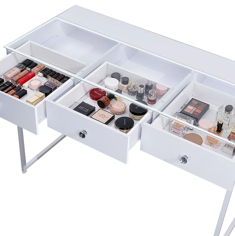 Coiffeuse Avec Miroir LED 3 Tiroirs Blanc 115x 55 cm