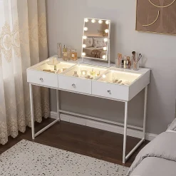 Coiffeuse Avec Miroir LED 3 Tiroirs Blanc 115x 55 cm
