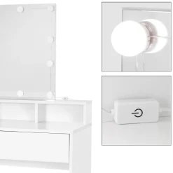 Coiffeuse avec miroir LED + tiroirs et tabouret de maquillage blanc 80x40x140 cm