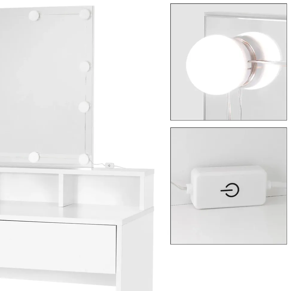 Coiffeuse avec miroir LED + tiroirs et tabouret de maquillage blanc 80x40x140 cm