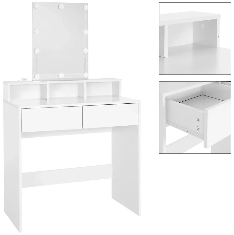 Coiffeuse avec miroir LED + tiroirs et tabouret de maquillage blanc 80x40x140 cm