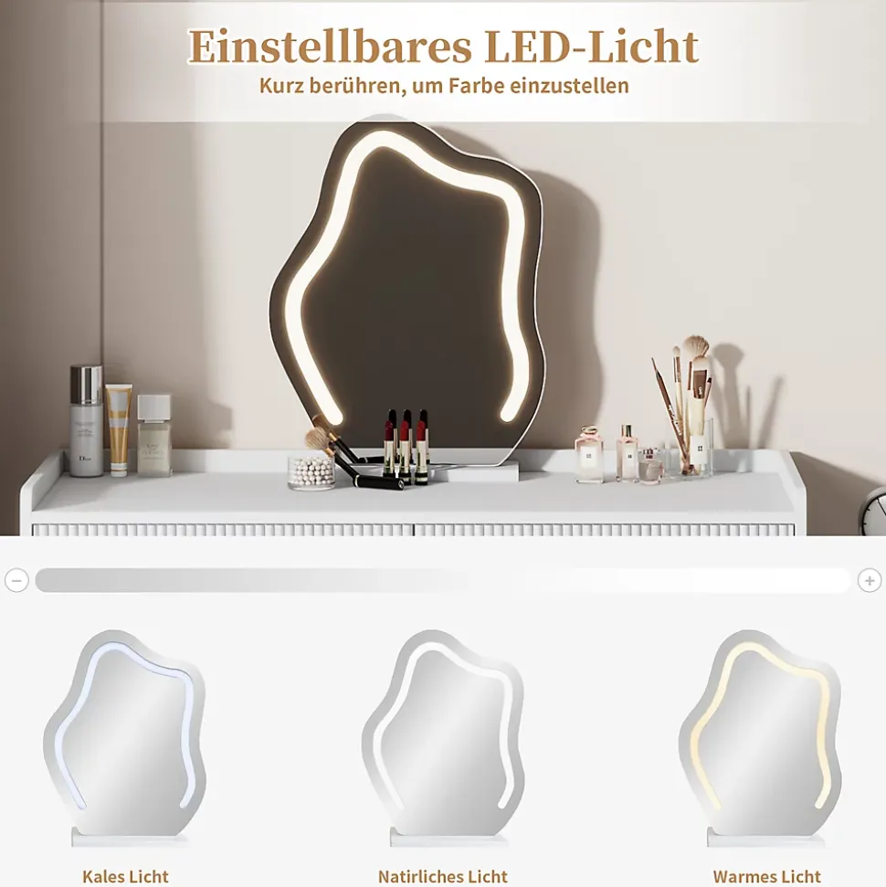 Coiffeuse avec Miroir LED - Table de Maquillage Moderne avec 3 Tiroirs et 1 Porte - Panneau de Particules - Blanc - 100x40x124 cm