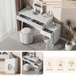 Coiffeuse avec Miroir LED - Table de Maquillage Moderne avec 3 Tiroirs et 1 Porte - Panneau de Particules - Blanc - 100x40x124 cm