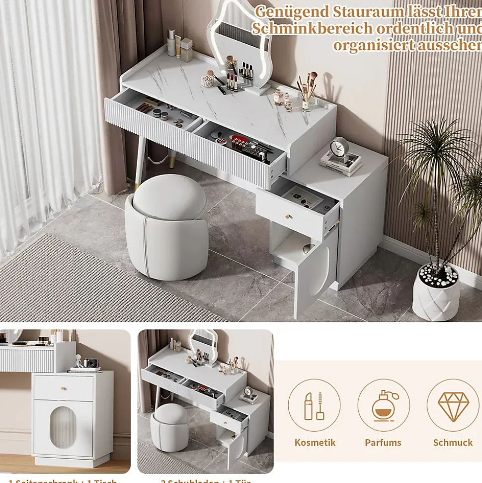Coiffeuse avec Miroir LED - Table de Maquillage Moderne avec 3 Tiroirs et 1 Porte - Panneau de Particules - Blanc - 100x40x124 cm