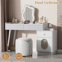 Coiffeuse avec Miroir LED - Table de Maquillage Moderne avec 3 Tiroirs et 1 Porte - Panneau de Particules - Blanc - 100x40x124 cm