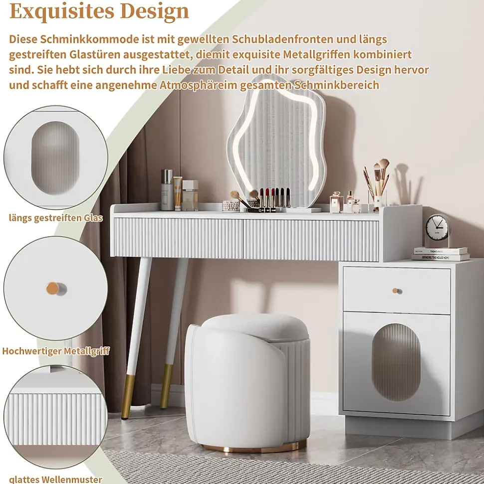 Coiffeuse avec Miroir LED - Table de Maquillage Moderne avec 3 Tiroirs et 1 Porte - Panneau de Particules - Blanc - 100x40x124 cm