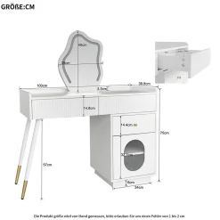 Coiffeuse avec Miroir LED - Table de Maquillage Moderne avec 3 Tiroirs et 1 Porte - Panneau de Particules - Blanc - 100x40x124 cm