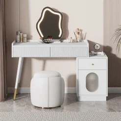 Coiffeuse avec Miroir LED - Table de Maquillage Moderne avec 3 Tiroirs et 1 Porte - Panneau de Particules - Blanc - 100x40x124 cm