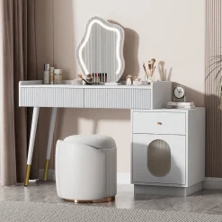 Coiffeuse avec Miroir LED - Table de Maquillage Moderne avec 3 Tiroirs et 1 Porte - Panneau de Particules - Blanc - 100x40x124 cm