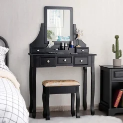 Coiffeuse avec Miroir Pivotant à 360 Table de Maquillage avec 5 Tiroirs et Organisateur Coiffeuse avec Tabouret