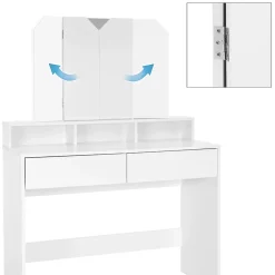 Coiffeuse avec miroir pliable moderne table de maquillage en MDF avec 2 tiroirs