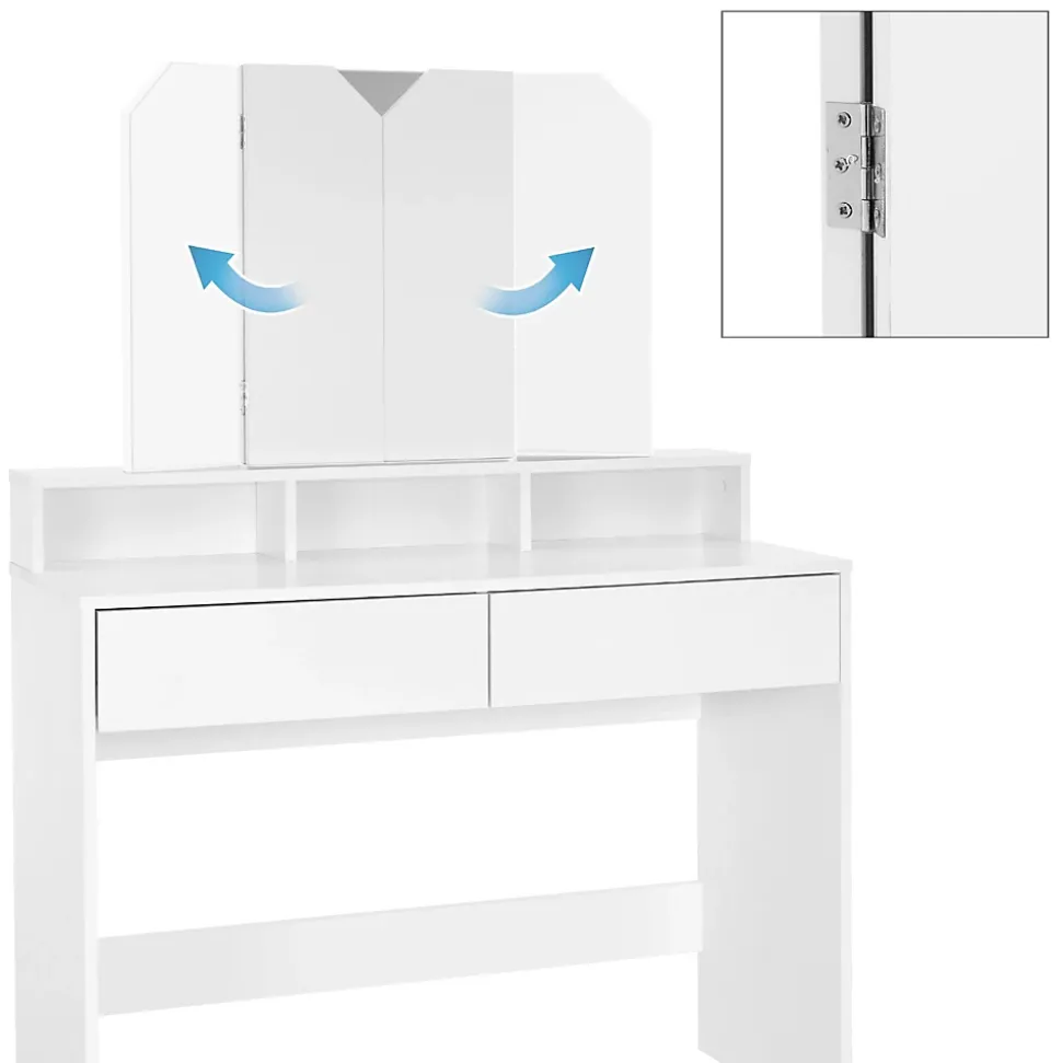 Coiffeuse avec miroir pliable moderne table de maquillage en MDF avec 2 tiroirs