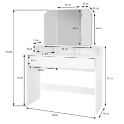 Coiffeuse avec miroir pliable moderne table de maquillage en MDF avec 2 tiroirs