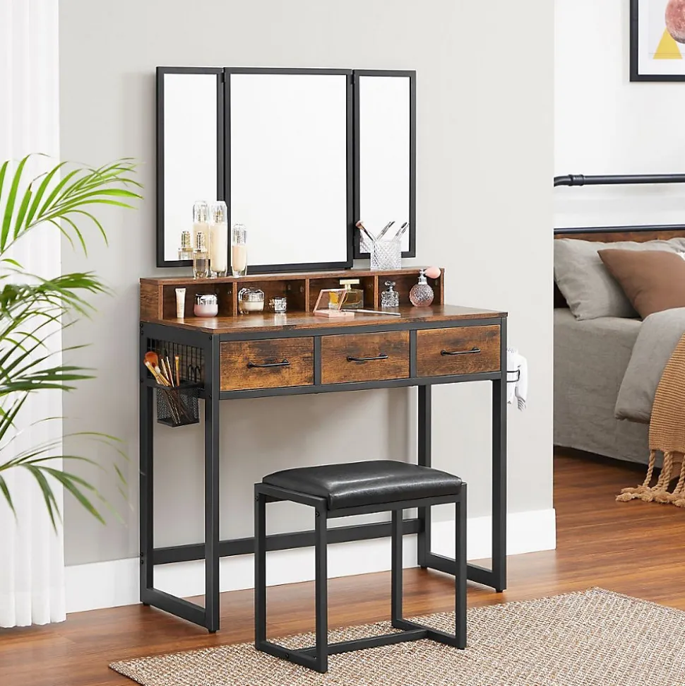 Coiffeuse avec Miroir, Rangements et Tabouret - L90 cm