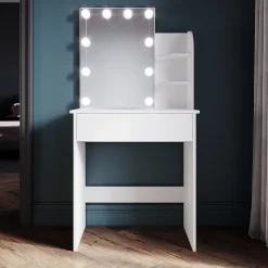 Coiffeuse avec Miroir SIRHONA Beige 70x40x140cm Table de Maquillage + Grands Tiroirs + Nombres étagères + 10 Lampe