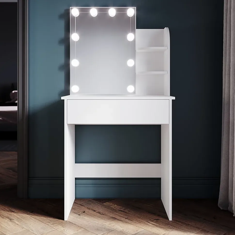 Coiffeuse avec Miroir SIRHONA Beige 70x40x140cm Table de Maquillage + Grands Tiroirs + Nombres étagères + 10 Lampe