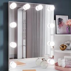 Coiffeuse avec Miroir SIRHONA Beige 70x40x140cm Table de Maquillage + Grands Tiroirs + Nombres étagères + 10 Lampe