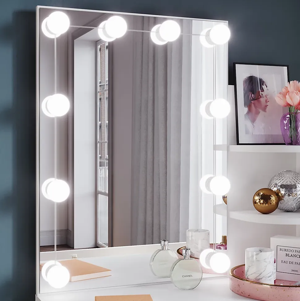 Coiffeuse avec Miroir SIRHONA Beige 70x40x140cm Table de Maquillage + Grands Tiroirs + Nombres étagères + 10 Lampe