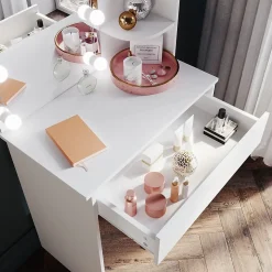 Coiffeuse avec Miroir SIRHONA Beige 70x40x140cm Table de Maquillage + Grands Tiroirs + Nombres étagères + 10 Lampe