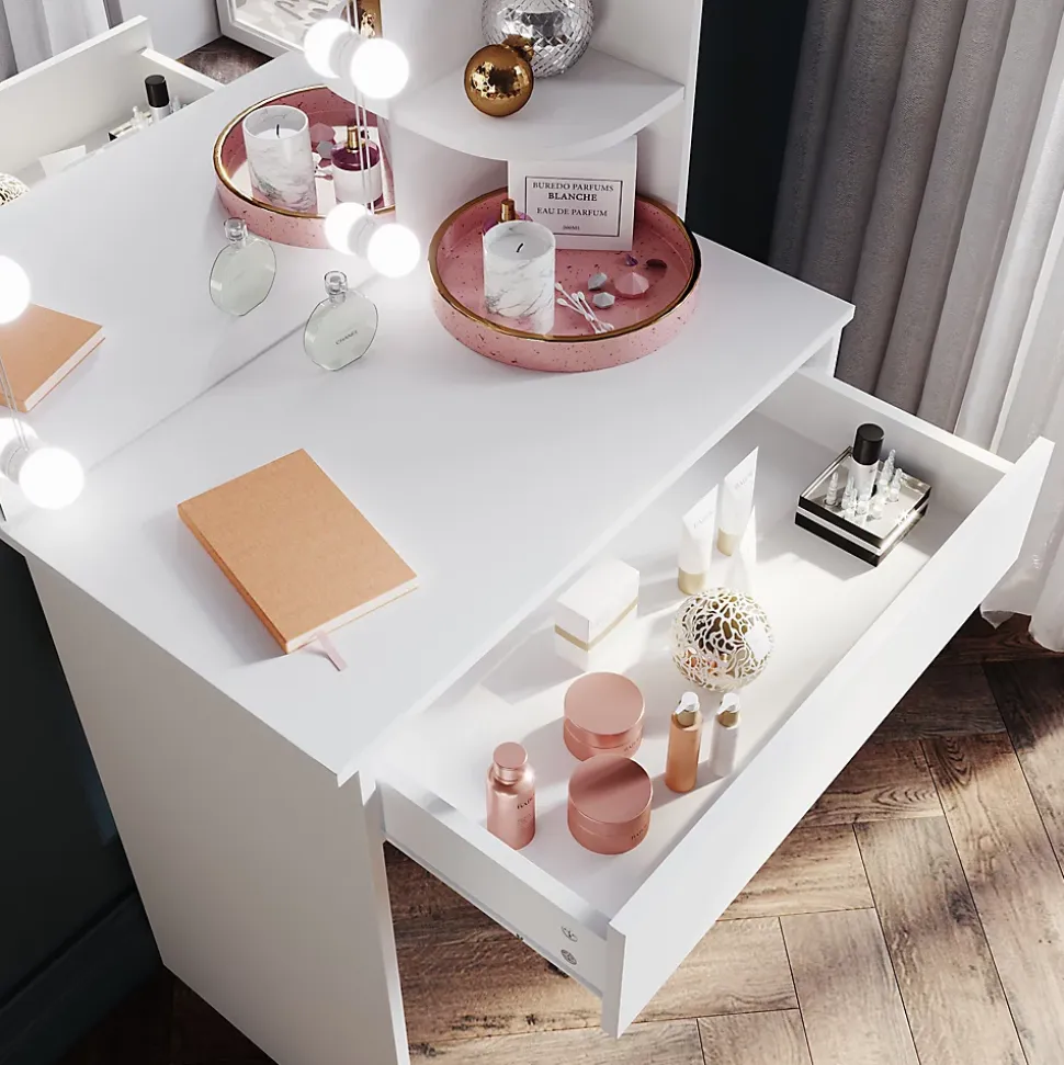 Coiffeuse avec Miroir SIRHONA Beige 70x40x140cm Table de Maquillage + Grands Tiroirs + Nombres étagères + 10 Lampe