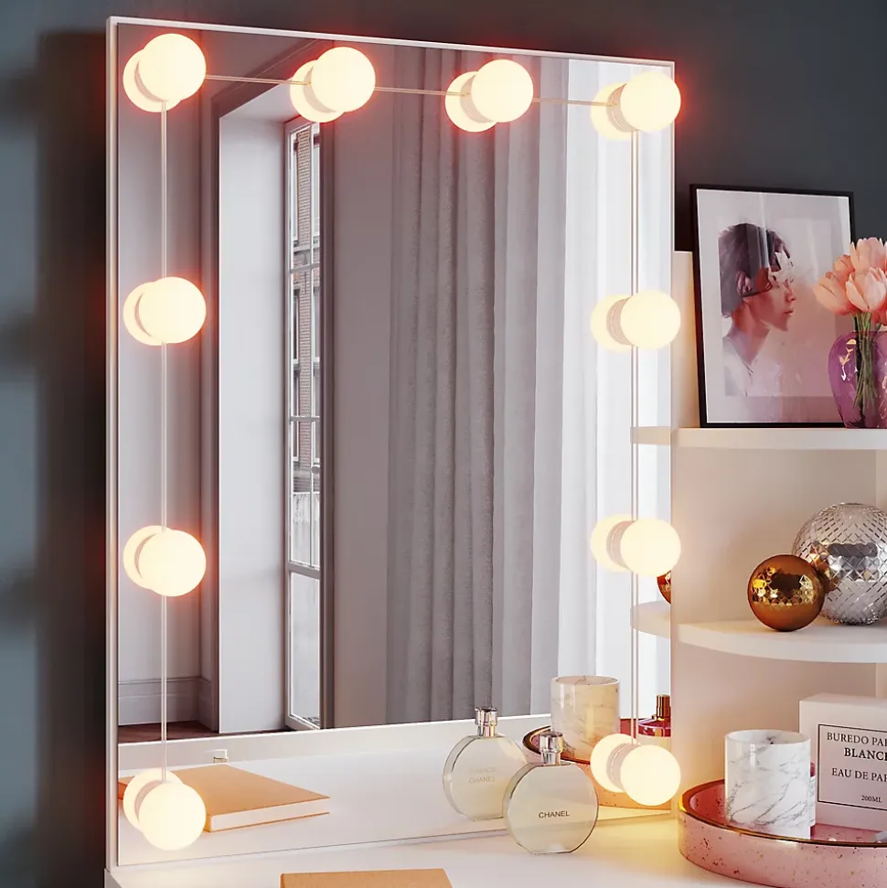 Coiffeuse avec Miroir SIRHONA Beige 70x40x140cm Table de Maquillage + Grands Tiroirs + Nombres étagères + 10 Lampe
