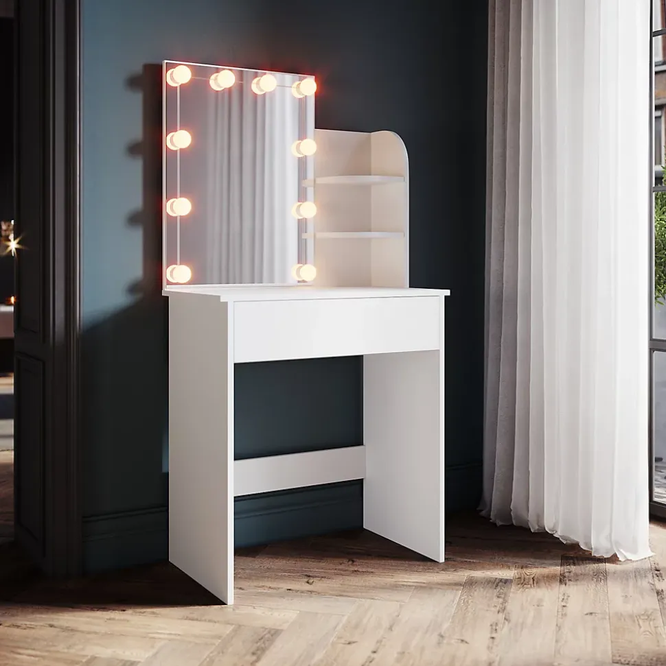 Coiffeuse avec Miroir SIRHONA Beige 70x40x140cm Table de Maquillage + Grands Tiroirs + Nombres étagères + 10 Lampe