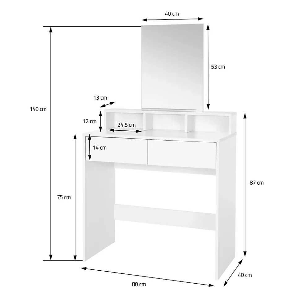 Coiffeuse avec miroir table de maquillage MDF blanc avec 2 tiroirs 80x40x140 cm