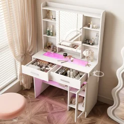 Coiffeuse avec plateau en verre trempé, prise électrique intégrée et support sèche-cheveux, Table de maquillage moderne