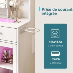 Coiffeuse avec plateau en verre trempé, prise électrique intégrée et support sèche-cheveux, Table de maquillage moderne