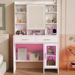 Coiffeuse avec plateau en verre trempé, prise électrique intégrée et support sèche-cheveux, Table de maquillage moderne