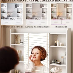 Coiffeuse avec plateau en verre trempé, prise électrique intégrée et support sèche-cheveux, Table de maquillage moderne